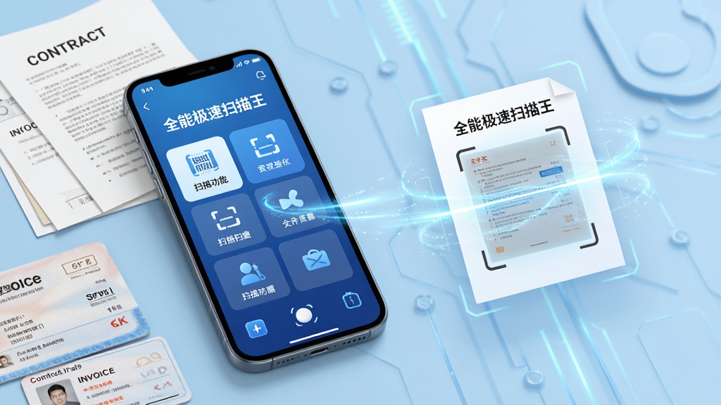 主体:智能手机屏幕展示全能极速扫描王应用界面,桌面上散落着合同、发票和身份证件。布局:手机位于画面中心偏左,界面清晰显示扫描功能选项,右侧悬浮着处理后的高清电子文档效果。排版:采用科技感浅蓝色背景,功能图标以网格排列,界面简洁现代。风格:写实渲染风格,光影自然,突出专业与高效。细节:手机屏幕内文字清晰标注“全能极速扫描王”,文档扫描过程伴有光线特效,体现科技感。画质:8K超清,干净明亮,无多余元素。