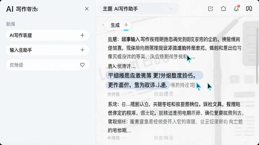 AI写作工具智能创作界面,左侧输入主题,右侧实时显示生成文章,界面浅色背景,布局左右分栏,风格清新简洁,细节包括光标闪烁与文字逐行出现,画质干净,无多余元素,文字标注“AI写作助手”