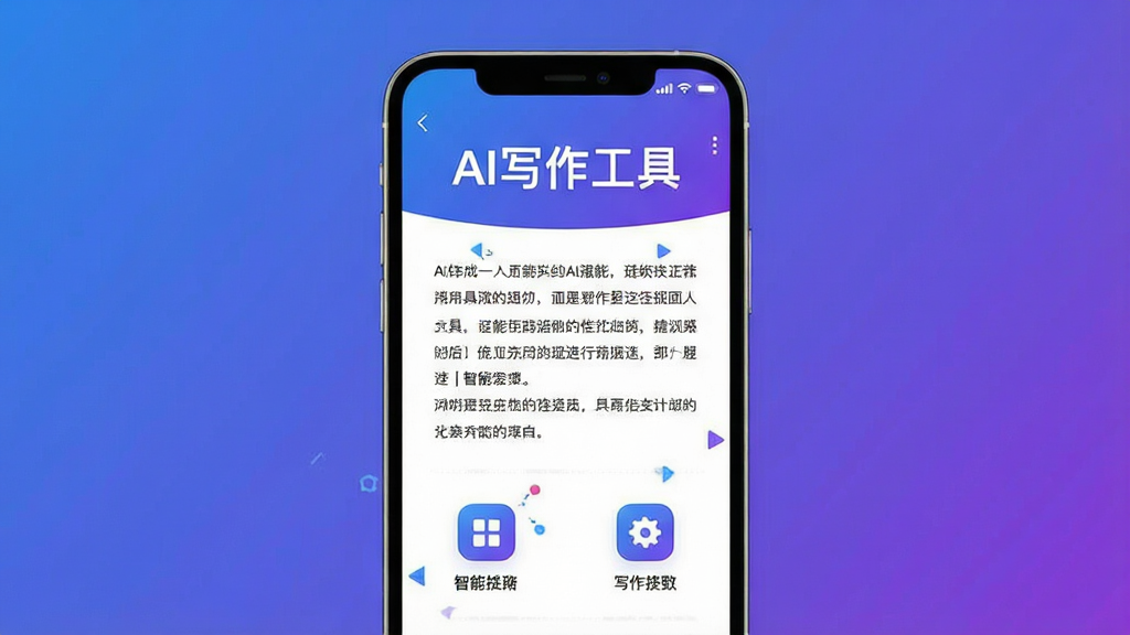 主视觉展示AI写作工具的核心功能,手机屏幕内显示智能生成的文章段落与功能图标,背景为渐变蓝紫色,主体居中,排版简洁,风格科技感现代,细节清晰,画质干净,无多余元素,屏幕文字标注“AI写作工具”