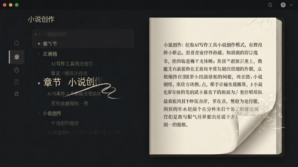 AI写作工具小说创作模式,屏幕展示章节大纲与生成的小说段落,背景深色,排版仿书页,风格文艺,细节有翻页动画,画质干净,无多余元素,文字标注“小说创作”