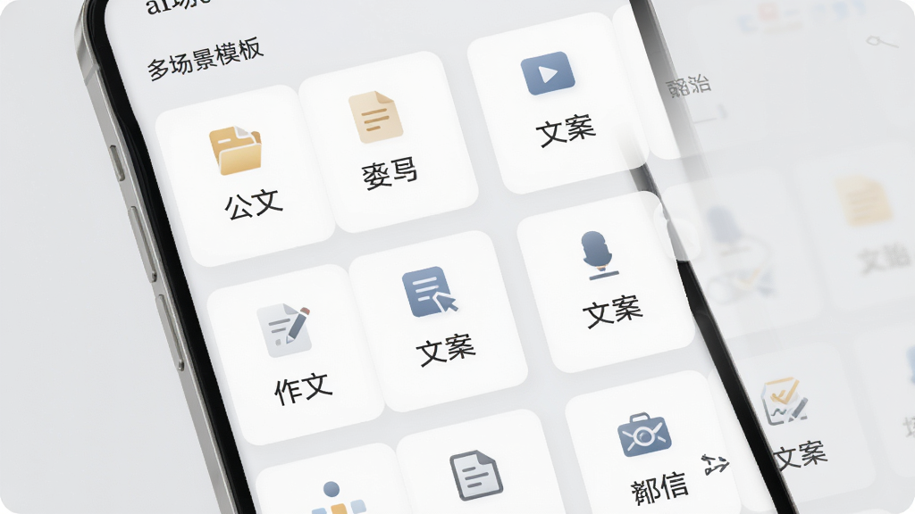 AI写作工具模板库界面,手机屏幕展示多个场景卡片图标,如公文、作文、文案等,背景浅灰,卡片排列整齐,风格简约正式,细节每个卡片有对应小图标,画质干净,无多余元素,文字标注“多场景模板”
