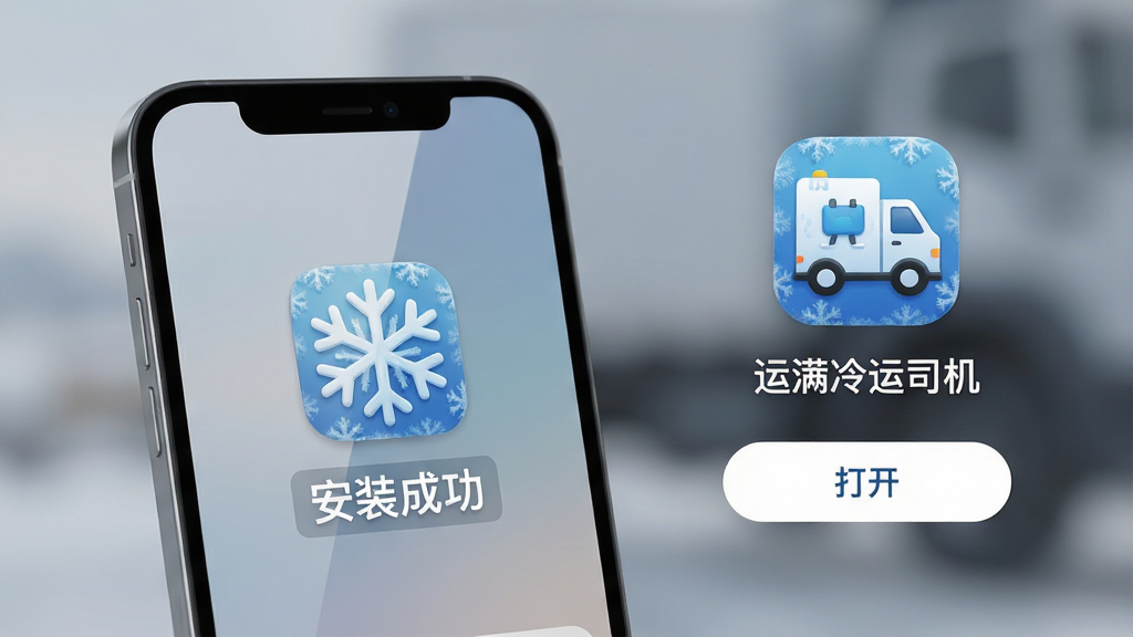 主体:智能手机屏幕特写,显示应用安装完成的界面。布局:手机位于画面中央偏左,右侧展示“运满满冷运司机”图标和“打开”按钮。排版:简洁清晰,高亮显示“安装成功”字样。风格:现代简约风格,背景虚化处理。细节:手机屏幕反光柔和,应用图标带有明显的雪花纹样。画质:高清渲染,干净,无多余元素。