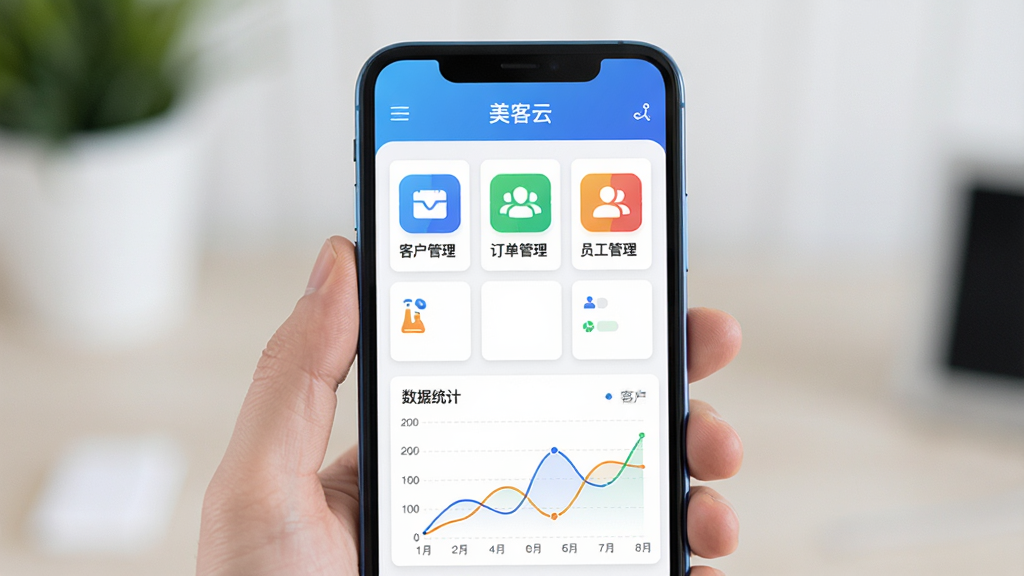 ��������չʾ�ֻ����棬��Ļ����ʾ�������ơ�������̨��ҳ���Ϸ�Ϊ��ɫ���䵼�������м��Կ�Ƭʽ���ֳ��֡��ͻ�����������������Ա���������Ȳ�ɫͼ�꣬�·�Ϊ����ͳ������ͼ�����������ִ�����ƽ����ƣ�����ɾ��������������޶���Ԫ��