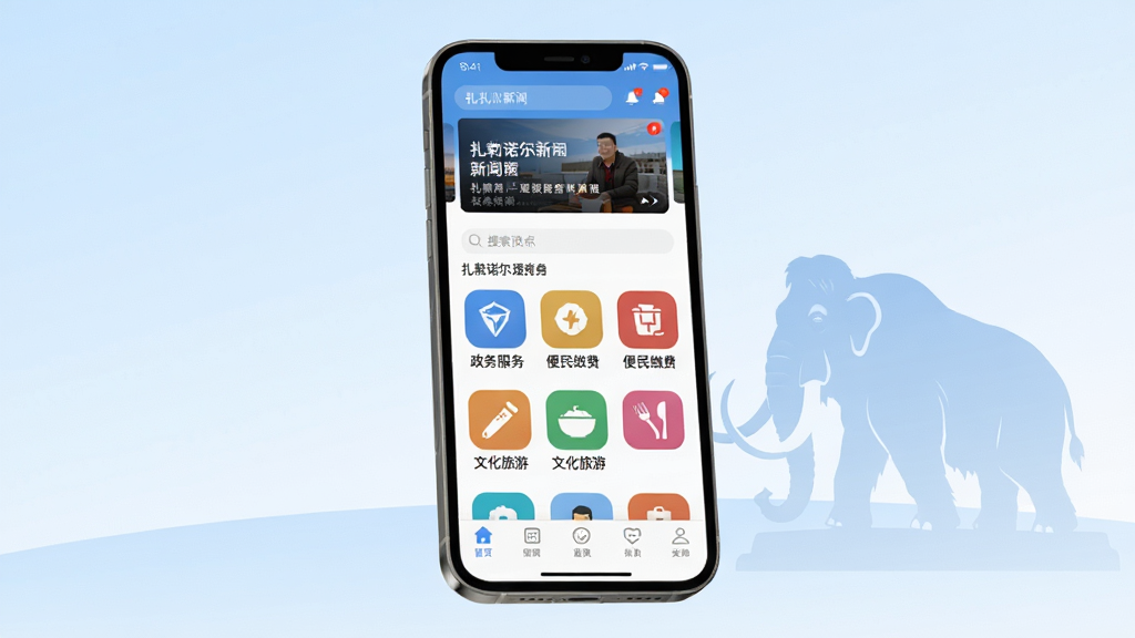 画面主体为一部智能手机屏幕展示扎赉诺尔APP首页界面,界面顶部显示新闻资讯轮播图,中部排列政务服务、便民缴费、文化旅游等彩色图标,底部为导航栏。布局采用居中构图,手机略微倾斜展现立体感,背景为淡蓝色渐变并带有扎赉诺尔猛犸象雕塑剪影。排版清晰简洁,风格现代扁平化,细节包含通知小红点与搜索框,画质高清干净无多余元素。