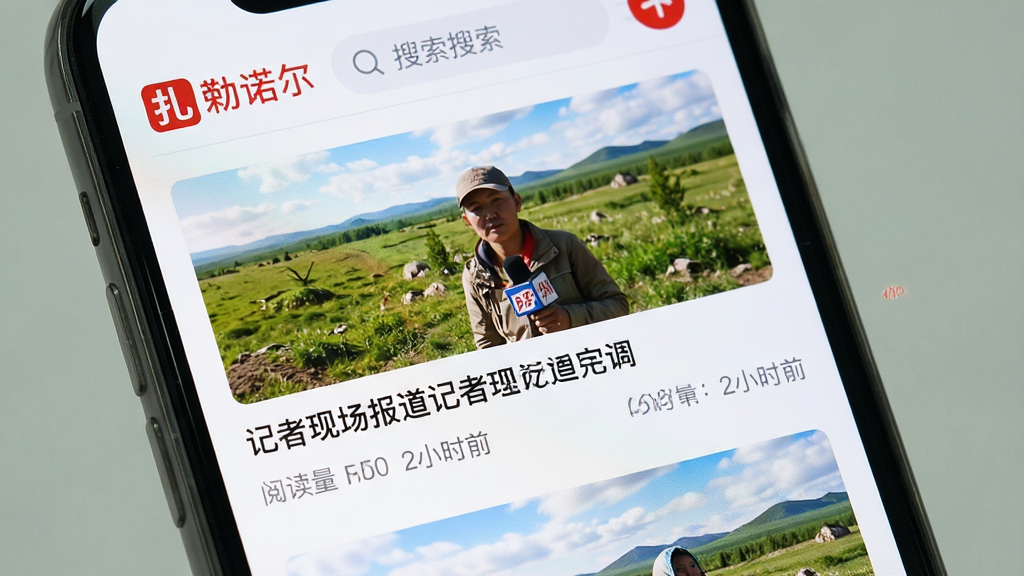 图片主题为扎赉诺尔APP新闻资讯页面,屏幕内显示多条新闻卡片配图与标题,其中一条标有记者现场报道字样。主体为手机竖屏界面特写,布局为列表式排版,顶部有扎赉诺尔APP红色LOGO与搜索栏。风格写实明亮,细节包括阅读量数字与发布时间,画质清晰干净无多余元素。