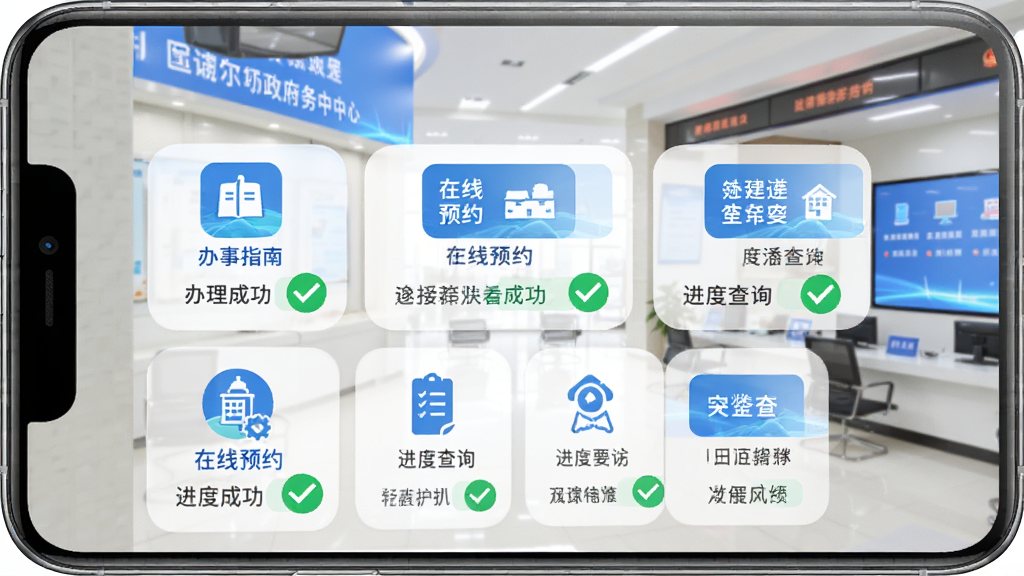 画面展示扎赉诺尔APP政务功能界面,屏幕上有办事指南、在线预约、进度查询等模块图标,背景为简洁的政务服务中心大厅。主体为手机屏幕截图风格,布局为宫格排列,色彩以蓝色和白色为主,风格正式专业,细节包含绿色对勾办理成功标识,画质干净无多余元素。