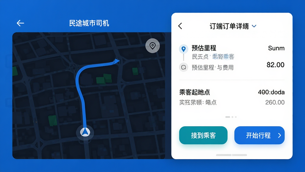 画面主体为“民途城市司机”司机端订单详情页,左侧为深色地图导航,右侧为白色信息面板,显示乘客起终点、预估里程与费用,下方有“接到乘客”“开始行程”两个高亮按钮。整体界面简洁,色彩以蓝色和白色为主,排版规整,风格科技现代,画质清晰,无多余元素。