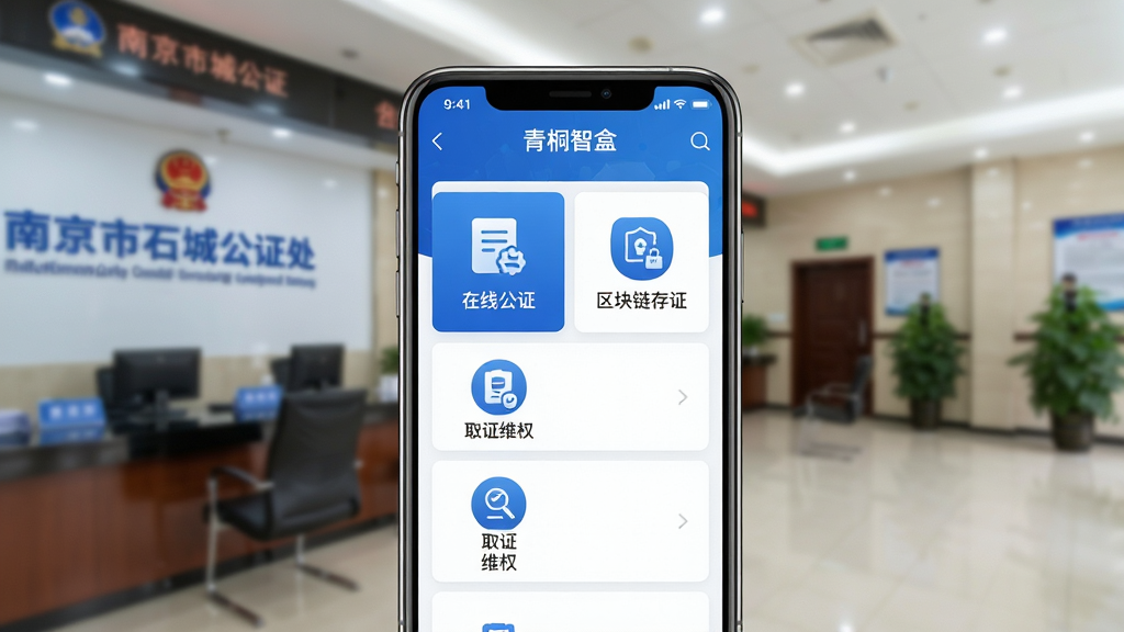 主体:手机界面展示“青桐智盒”应用主页面,带有“在线公证”“区块链存证”“取证维权”等图标。布局:居中构图,手机屏幕朝前,背景虚化公证处大厅场景。排版:屏幕内功能列表清晰排列。风格:写实科技风,蓝白主色调。细节:界面显示“南京市石城公证处”字样,画质高清,干净无多余元素。