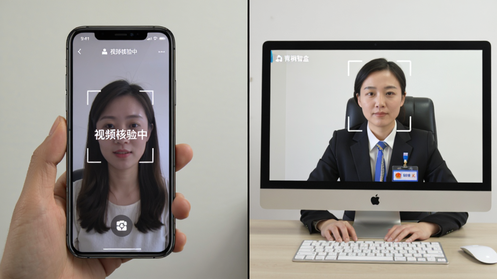 主体:公证员与用户通过“青桐智盒”视频连线办理业务的场景。布局:分屏画面,左边是用户手机端,右边是公证员电脑端。排版:屏幕内显示“视频核验中”字样。风格:简洁商务风。细节:公证员佩戴工作牌,用户面部识别框,画质清晰干净。