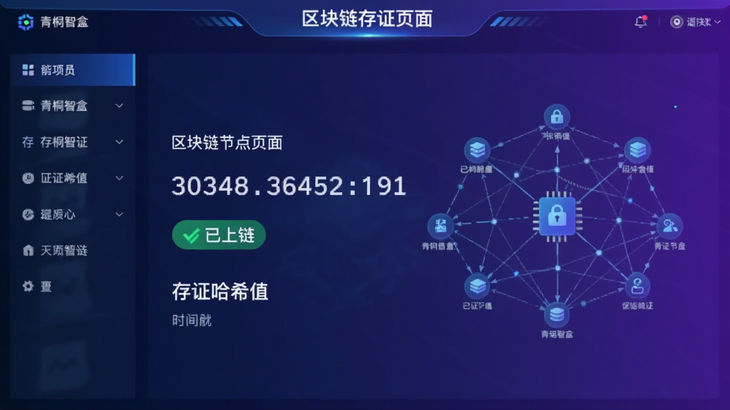主体:“青桐智盒”区块链存证页面,显示存证哈希值和时间戳。布局:数据大屏风格,左侧功能列表,右侧区块链节点网络图。排版:哈希值用等宽字体突出显示。风格:科技感蓝紫渐变。细节:有“已上链”绿色标识。画质高,干净无多余。