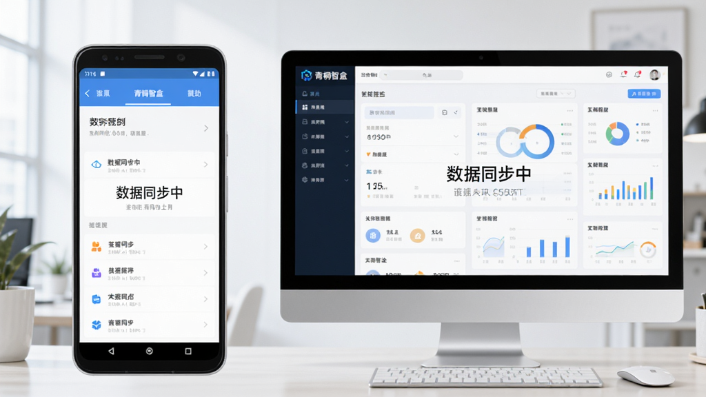 主体:一部安卓手机和一台电脑并排显示“青桐智盒”操作界面。布局:左右对称,手机在左,电脑在右。排版:屏幕上有“数据同步中”字样。风格:清新商务。细节:手机界面显示功能列表,电脑显示区块链监控大屏。画质高清,干净。