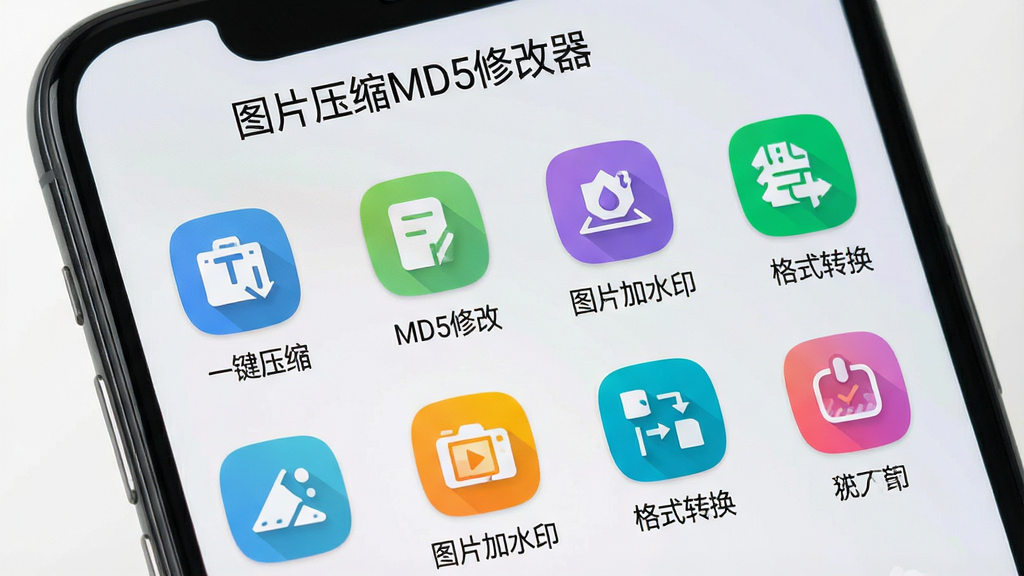 一张智能手机屏幕展示“图片压缩MD5修改器”主界面,界面风格现代简洁,顶部为软件名称“图片压缩MD5修改器”,下方为功能图标网格,包含“一键压缩”、“MD5修改”、“图片加水印”、“格式转换”等彩色图标,每个图标下方有中文标签。整体布局清晰,背景为浅灰渐变,图标采用扁平化设计,色彩明快,画质高清,干净无多余元素。