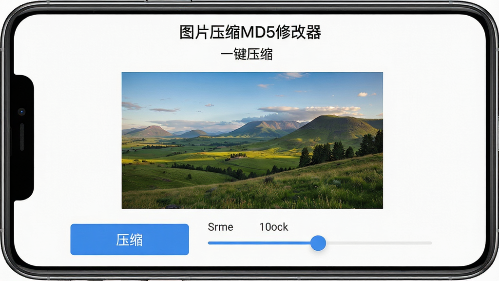 一张智能手机屏幕展示“图片压缩MD5修改器”的“一键压缩”功能操作界面,屏幕上有一张风景照片,下方有“压缩”按钮和压缩比例调节滑块,界面简洁直观,背景为白色,图片清晰,画质干净,无多余元素。