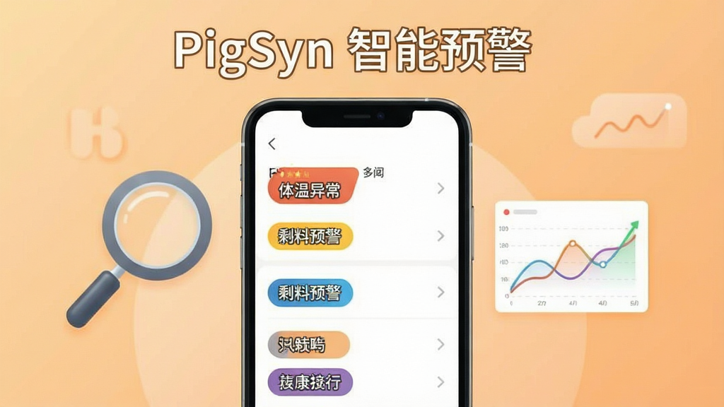 智能预警功能展示图,画面中央为手机屏幕显示健康预警列表,包含体温异常、剩料预警等彩色标签,手机旁边有放大镜图标和数据分析曲线,背景为浅橙色渐变,布局清晰,风格简洁明快,细节丰富,画质干净,无多余元素,画面中文字标注“PigSyn 智能预警”