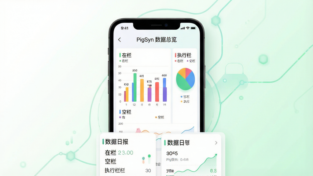 猪场数据总览界面展示图,画面中央为手机屏幕显示彩色柱状图和饼状图,图表清晰标注“在栏”“空栏”“执行栏”等分类,手机下方有数据日报卡片,背景为干净的白色与浅绿色渐变,布局简洁,风格商务科技,细节精致,画质清晰,无多余元素,画面中文字标注“PigSyn 数据总览”