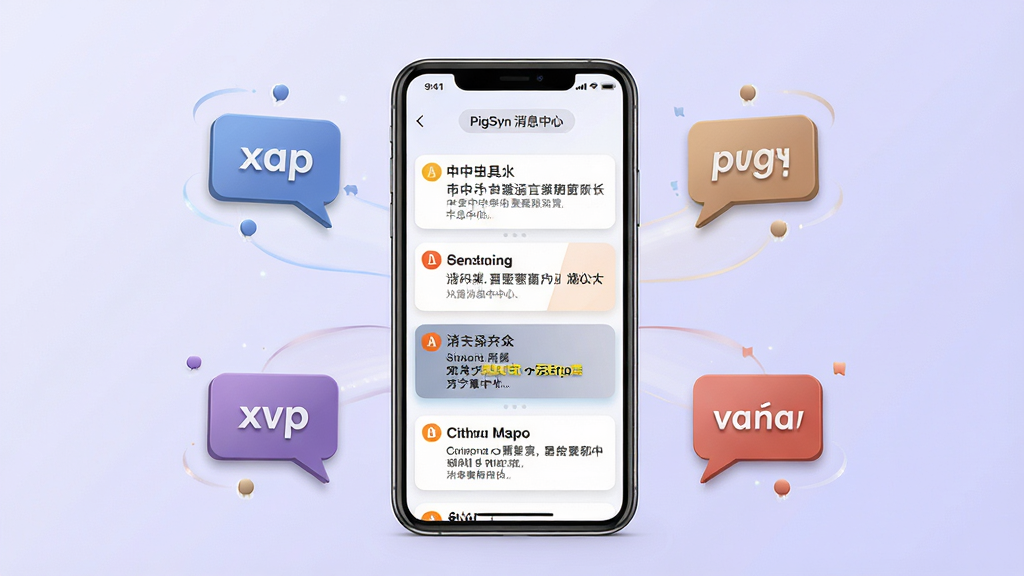 多语言消息中心展示图,画面中央为手机屏幕显示消息通知列表,包含中英日越四种语言的预警消息卡片,手机周围环绕四种语言的对话气泡图标,背景为浅紫色渐变,布局对称,风格国际化商务,细节精致,画质清晰,无多余元素,画面中文字标注“PigSyn 消息中心”