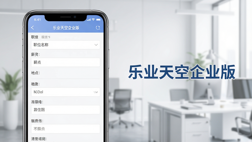 一张展示乐业天空企业版招聘发布功能的界面截图风格图片,画面中手机屏幕显示职位编辑页面,包含职位名称、薪资、地点等填写字段,旁边有“乐业天空企业版”文字标识,背景为简洁的办公环境,风格商务清新,色彩柔和,布局合理,细节丰富,高清画质,干净无多余元素