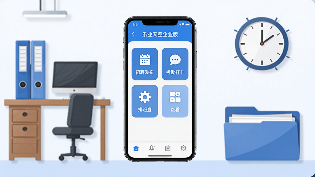 画面中央展示一部智能手机,手机屏幕显示乐业天空企业版应用界面,界面包含招聘发布、考勤打卡、排班查看等功能模块图标,手机周围环绕企业办公场景元素如办公桌、文件夹、时钟等,整体采用扁平化商务风格,蓝色与白色为主色调,画面干净整洁,布局清晰对称,细节精致,高清画质,无多余元素