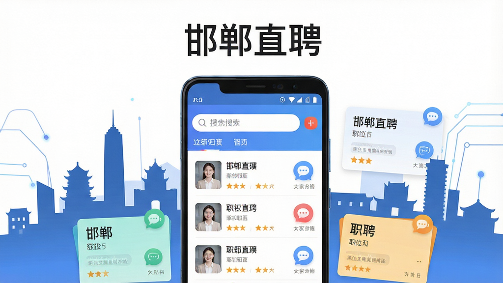 主体为一部安卓手机屏幕展示招聘APP界面,布局采用居中构图,手机两侧环绕邯郸城市剪影与职位卡片元素,排版上方留白放置应用名称“邯郸直聘”,风格为现代扁平化科技风,细节包含搜索框、职位列表、聊天气泡图标,画质高清干净无多余元素