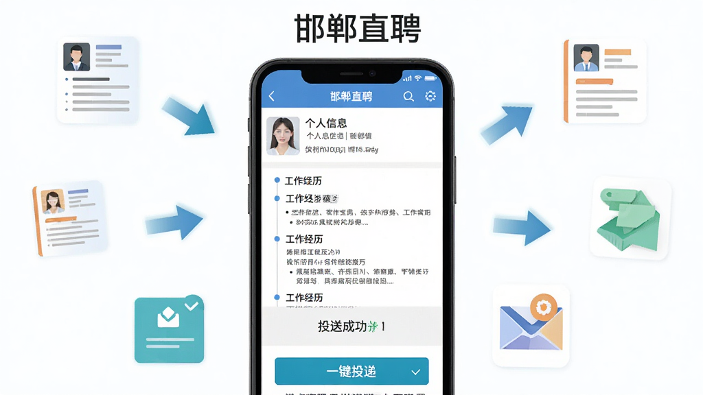 主体为手机屏幕展示简历编辑界面与一键投递按钮,布局为手机正面居中、周围环绕简历图标和投递箭头,排版上方放置“邯郸直聘”文字标识,风格为简约商务扁平风,细节包含个人信息栏、工作经历模块、投递成功提示,画质高清干净无多余元素