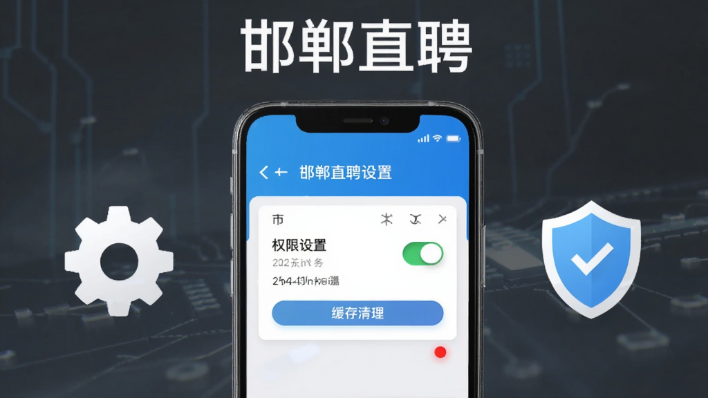 主体为手机屏幕展示邯郸直聘安装权限设置与通知管理界面,布局为手机正面居中、旁边配有齿轮和盾牌图标,排版上方放置“邯郸直聘”文字,风格为科技安全风,细节包含权限开关、缓存清理按钮、通知红点,画质高清干净无多余元素