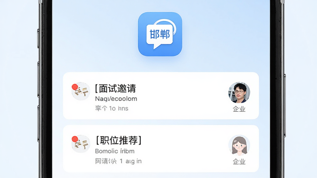 主体为手机消息通知列表界面展示面试邀请和职位推荐,布局为手机屏幕居中、背景为淡蓝色渐变,排版上方悬浮“邯郸直聘”消息图标,风格为清爽极简风,细节包含通知红点、时间戳、企业头像,画质高清干净无多余元素