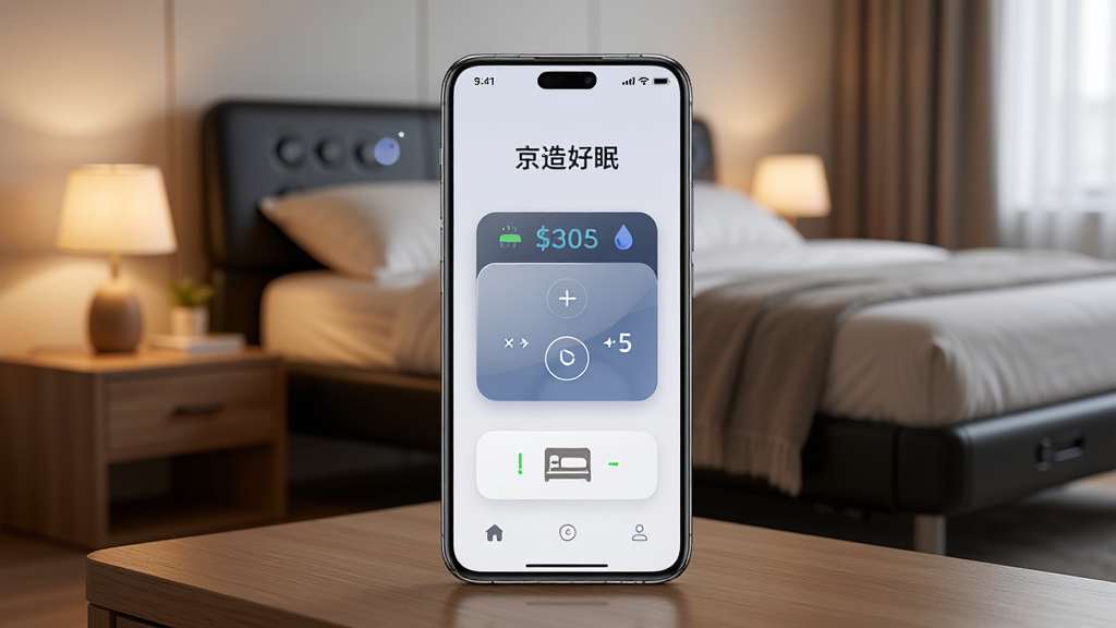 一部智能手机屏幕正中央显示着“京造好眠”APP的主界面,界面上有智能床遥控按钮和床体状态图标,手机放置在木质床头柜上,背景是一间温馨的现代卧室,智能电动床作为背景元素虚化呈现,整体布局为竖版手机屏幕特写,排版简洁清晰,风格为现代科技感与家居温馨感融合,细节包括手机边缘的反光、界面按钮的立体感、床头柜上的小台灯散发暖光,画质高清,干净,无多余元素