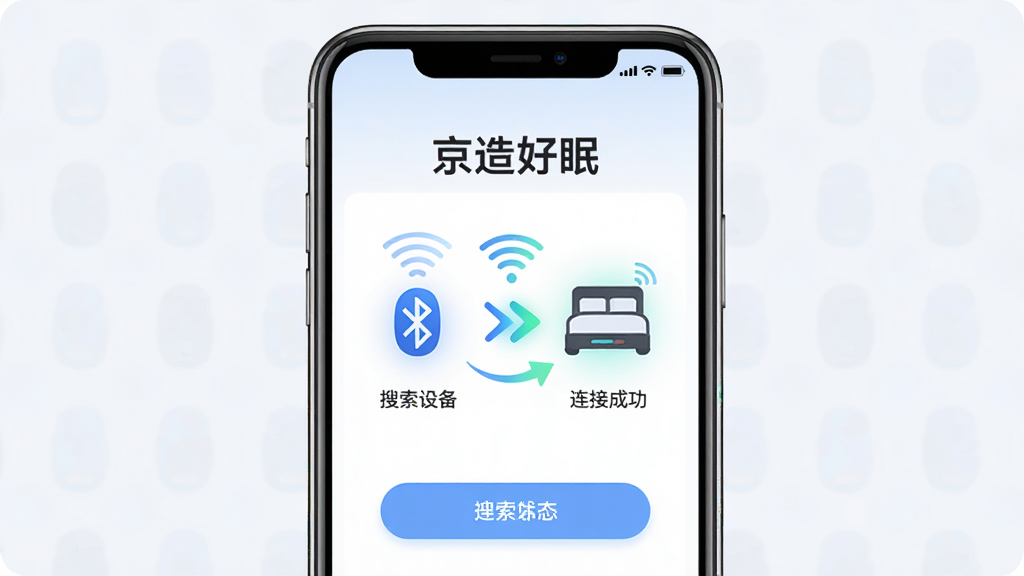 手机屏幕展示“京造好眠”APP的配网绑定界面,界面中央有一个蓝牙或WiFi连接图标与智能床设备图标之间用动态箭头连接,周围环绕着“搜索设备”“连接成功”等状态文字,主体为手机屏幕正面特写,布局居中对称,排版为上下结构上方是标题下方是连接示意,风格为扁平化科技插画风,细节包括信号波纹、设备图标发光效果、界面按钮的圆角设计,画质高清,干净,无多余元素