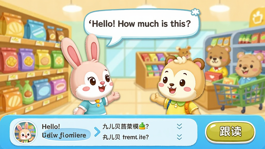 ��С��Ӣ������ģ����棬����չʾһ��ģ��Ի�������������ͨ��ɫ�ڳ��й���Ϸ���Ӣ�ĶԻ����ݡ�Hello! How much is this?�����·��ж��貥���б��͸�����ť�����ֲ������·����Ű棬���Ϊ��ͯ�����࿨ͨ�廭�磬ϸ�ڰ���ɫ�����޵���Ʒ���ܡ��ɰ��Ķ���˿͡���͵ı�����Ч�����������ɾ����޶���Ԫ��