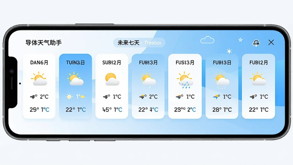 导体天气助手未来七天天气预报界面,手机屏幕内呈现横向排列的七天天气卡片,每张卡片包含日期、天气图标与温度区间,背景为白色与浅蓝搭配,排版整齐,风格清爽,画质干净,无多余装饰