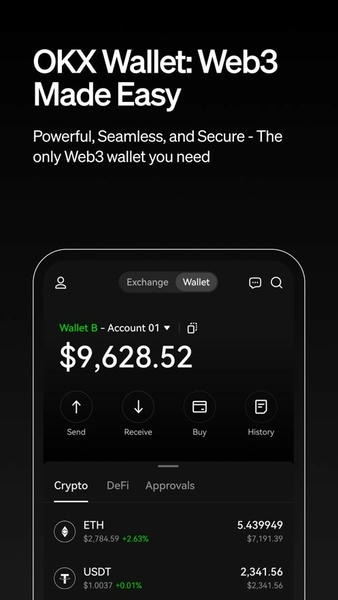 okx欧亿钱包下载安装完成后的APP首页界面