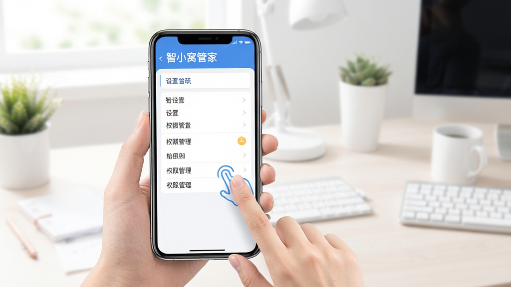 智小窝管家移动端操作指南示意图,手机屏幕展示设置菜单和权限管理页面,旁边有手指点击的示意动作,背景是简洁的桌面环境,风格清新直观,布局清晰,画质明亮,干净无多余元素