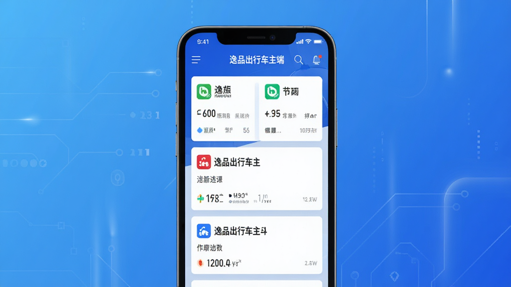 一张多平台订单聚合示意图,画面展示一部手机屏幕中“逸品出行车主端”界面上同时显示多个订单来源标识,订单卡片整齐排列,背景为科技感浅蓝色渐变,风格商务简洁,布局清晰,画质高清,无多余元素。