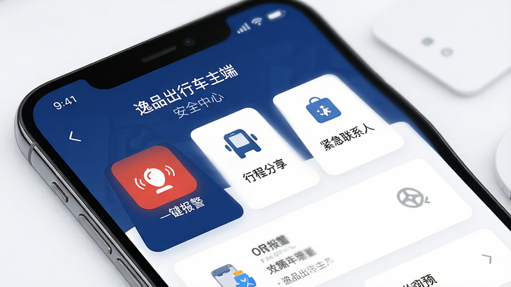 一张安全中心功能界面图,画面中一部手机屏幕显示“逸品出行车主端”的安全中心页面,包含一键报警、行程分享、紧急联系人等功能图标,配色以深蓝色和白色为主,风格稳重专业,布局清晰,画质高清,干净无多余元素。