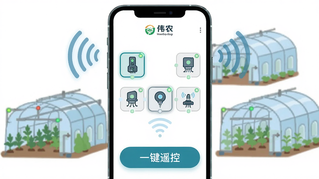 一张展示“伟农”APP一键遥控功能的图片,画面主体是手机屏幕,屏幕中显示多个大棚设备图标被同时选中,下方有一个醒目的“一键遥控”按钮,背景是多个大棚的简化示意图,风格为扁平化科技插画,细节包括无线信号波纹、设备状态指示灯,画质清晰,画面干净,无多余元素。