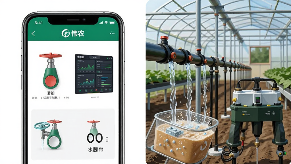 一张展示“伟农”APP远程控制灌溉与水肥机的图片,画面左侧是手机界面显示灌溉阀门开关和水肥机参数,右侧是大棚内灌溉管道和施肥设备的工作场景,布局左右对比,风格为写实科技插画,细节包括水流、肥料混合、数据面板,画质高清,画面干净,无多余元素。