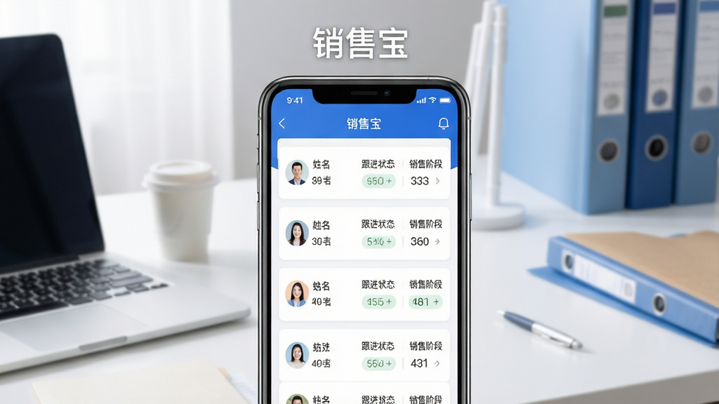 ���۱�Ӧ��������չʾͼ�������������һ�������ֻ����ֻ���Ļ����ʾ���۱�App�Ŀͻ������б�ҳ�棬ҳ�����������ֿͻ�����������״̬�����۽׶εȿ�Ƭʽ���֣�����Ϊ�ɾ�������ִ��칫���棬������ñʼǱ����ԡ����ȱ����ļ��У�������Ϊ��Լ����磬ɫ������ɫ�Ͱ�ɫΪ��������������ͣ������������ɾ��޶���Ԫ�أ��ֻ���Ļ�Ϸ������ֱ�ע�����۱���