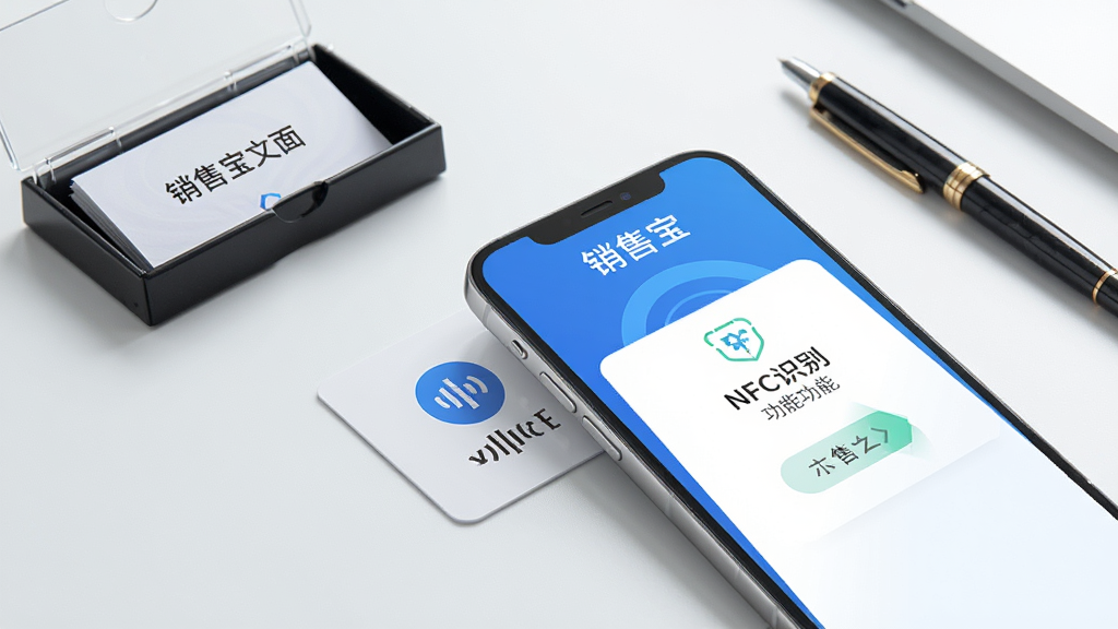 ���۱�NFCʶ����չʾͼ��������һ���ֻ�������һ��NFC��ǩ��Ƭ���ֻ���Ļ��ʾʶ��ɹ�����ʾ���棬��Ƭ���м򵥵�ͼ�꣬����Ϊ�ɾ���ǳɫ���棬������������Ƭ�к�ǩ�ֱʣ��������Լ�Ƽ��У�ɫ������ɫ����ɫ��ǳ��ɫΪ���������������޶���Ԫ�أ��ֻ���Ļ�Ϸ���ע���֡����۱���