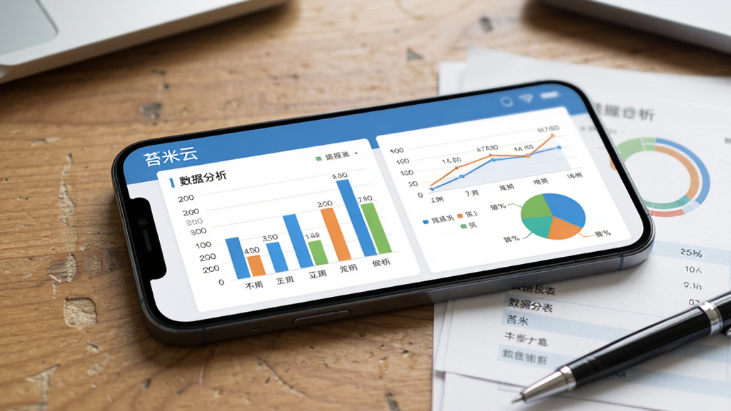 智能手机横向放置,屏幕显示“苔米云”数据报表界面,包含柱状图、折线图和饼图,图表颜色鲜明,手机旁边有纸质报表和笔,背景为木质办公桌,布局为手机居中偏右,风格为数据分析风,细节包含图表数据标签、屏幕亮度、桌面纹理,画质高清,干净,无多余元素