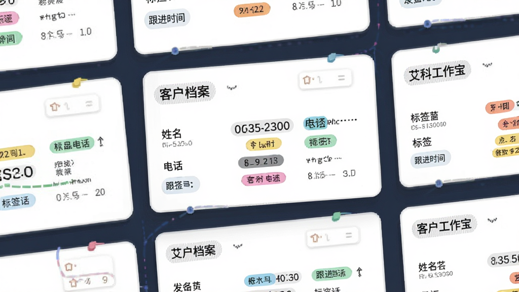 һ��չʾ�ͻ��������̵Ĳ廭�����������ǡ����ƹ������������еĿͻ�������Ƭ����Ƭ�����������绰����ǩ�͸���ʱ�䣬���ֳ�����״���У����Ϊ��ˬ�������ƽ�磬ϸ�ڰ�����Ƭ��Ӱ�Ͳ�ɫ��ǩ�����ʸ��壬�ɾ����޶���Ԫ�ء�