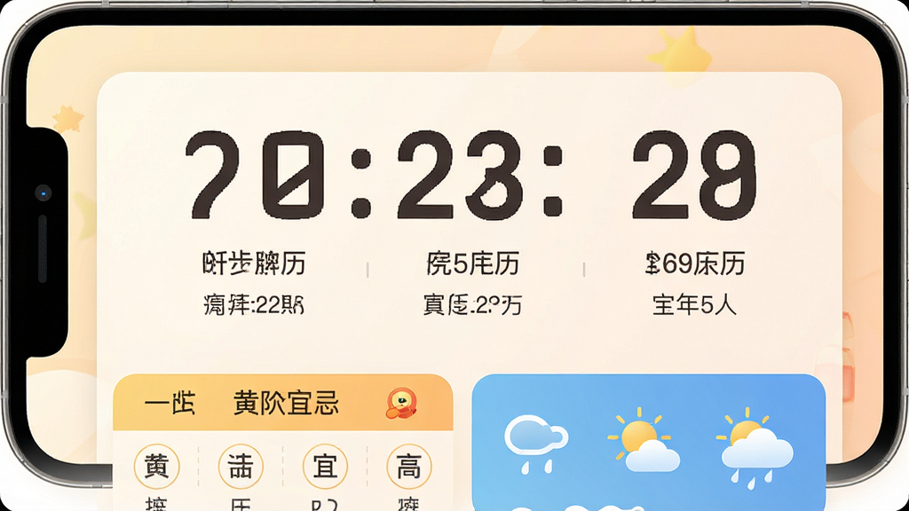 一张展示万年历日历大字版主界面的手机应用截图,画面中央是大号字体显示的今日日期与农历信息,底部有黄历宜忌和天气图标,整体布局简洁清晰,背景为柔和暖色调,风格写实,细节丰富,画质高清,干净,无多余元素