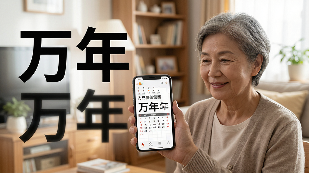 一张万年历日历大字版功能展示图,画面中一位中老年用户手持手机,手机屏幕上显示大号字体的日历信息,背景是温馨的家居环境,风格写实自然,细节清晰,画质高清,干净,无多余元素