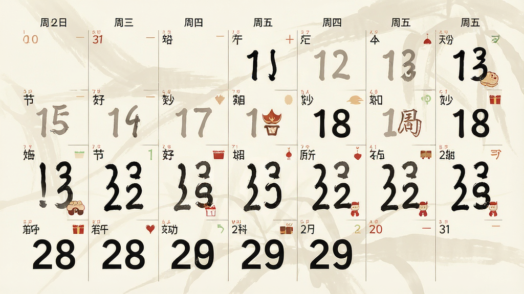 一张万年历日历大字版节气与节假日展示图,画面中月历视图上标注了多个节气名称和节日图标,字体大而清晰,背景为柔和米白色,风格素雅极简,细节丰富,画质高清,干净,无多余元素