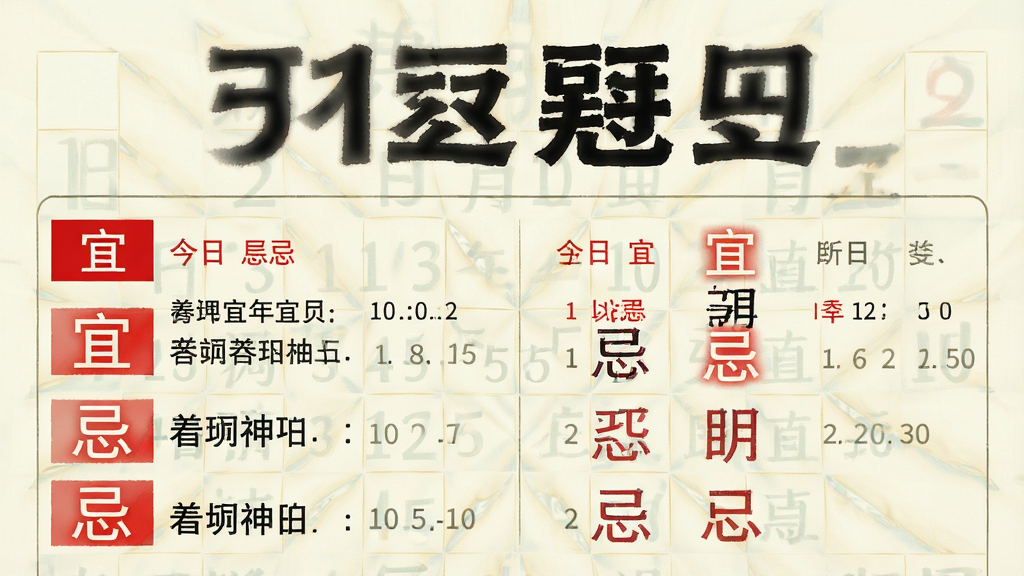 一张万年历日历大字版黄历宜忌页面截图,画面中清晰展示今日宜忌列表,红色标注宜项,黑色标注忌项,字体大而醒目,背景为素雅浅色,风格简洁商务,细节丰富,画质高清,干净,无多余元素