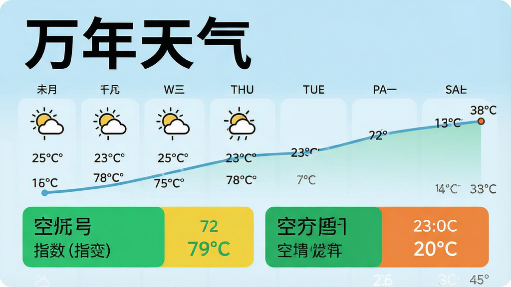 一张万年历日历大字版天气页面截图,画面中展示未来几天的天气图标与温度变化曲线,空气质量指数以醒目的色块标注,字体大而清晰,背景为清爽浅蓝,风格清新浅色,细节丰富,画质高清,干净,无多余元素