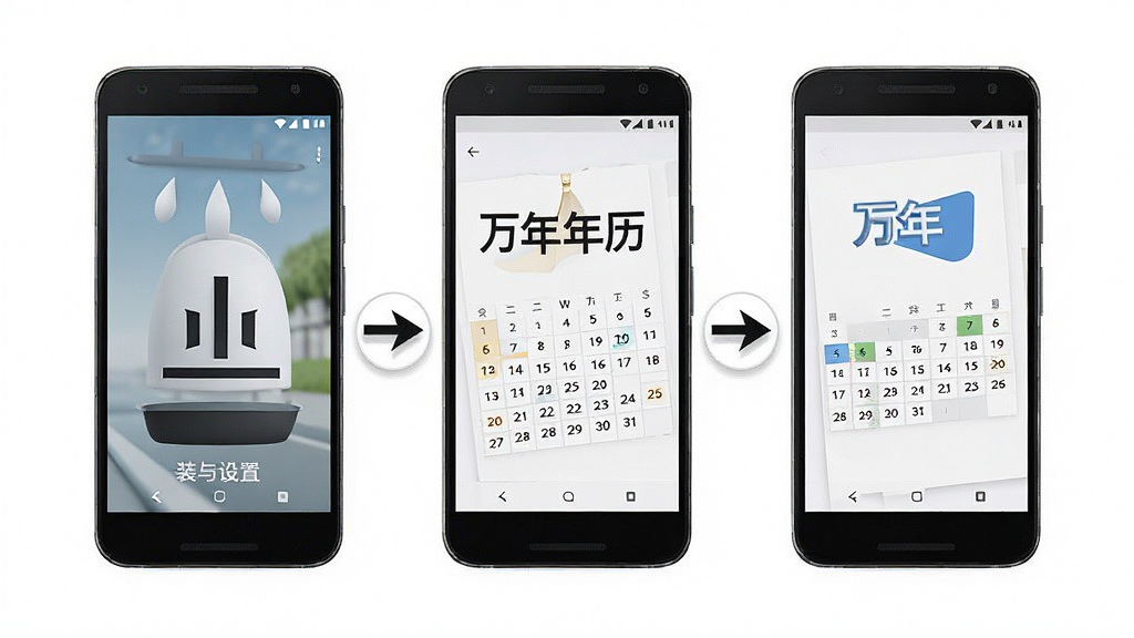 一张万年历日历大字版在安卓手机上的安装与设置流程示意图,画面中展示从下载到打开应用的几个关键步骤,界面字体大而清晰,背景为简洁白色,风格简约商务,细节丰富,画质高清,干净,无多余元素