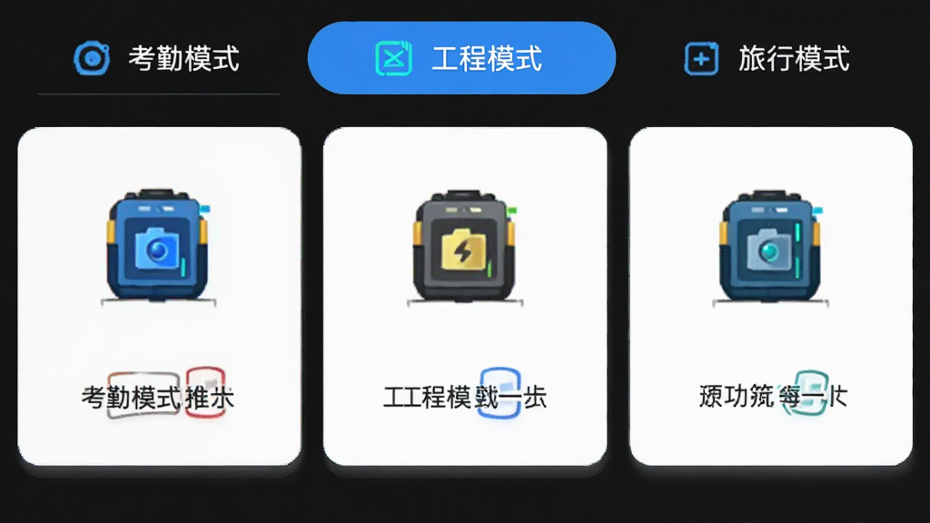 水印相机拍照打卡神器的模式切换界面图,画面中展示了考勤模式、工程模式、旅行模式三个选项卡,每个模式下方有对应的功能说明文字和图标,界面采用深色背景搭配亮色图标,风格沉稳专业,画质清晰,无多余元素