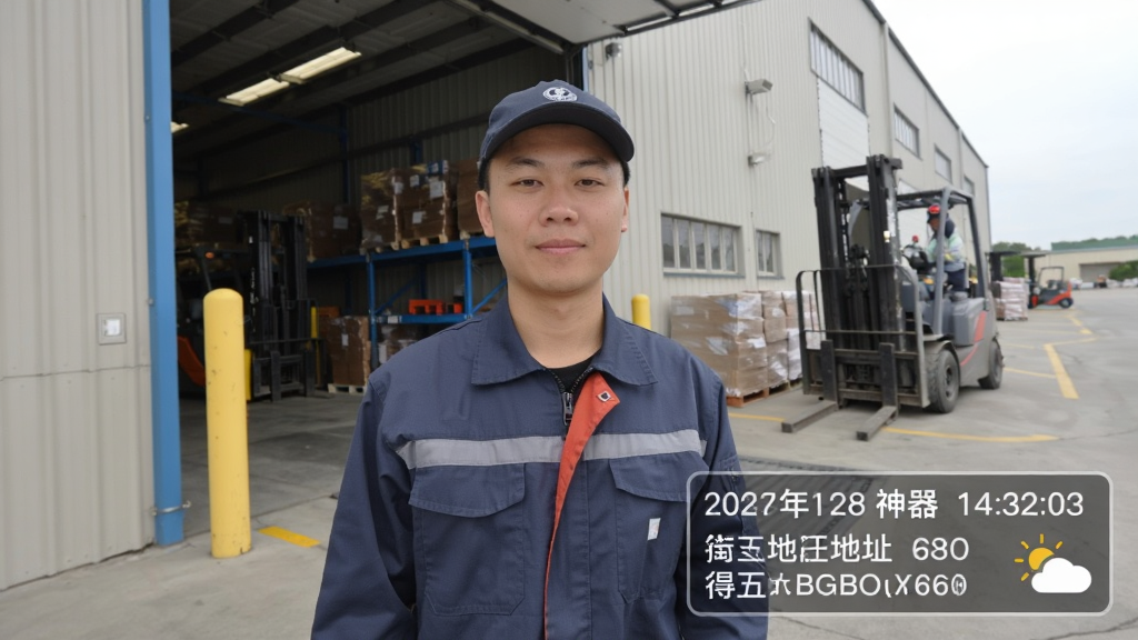 水印相机拍照打卡神器在实际使用中的拍照效果图,画面中一位穿着工装的员工站在仓库门口,照片右下角清晰显示了当前日期、精确到秒的时间、详细街道地址以及天气图标,水印文字为白色半透明底框,整体画面真实自然,画质清晰,无多余元素