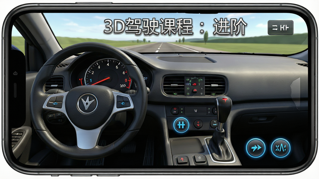 一张展示汽车驾驶模拟游戏操作界面的图片,画面主体是手机屏幕中的驾驶舱视角,布局上方向盘位于左侧,档位杆和灯光按钮分布在右侧,排版简洁清晰,风格为写实3D游戏界面,细节包括仪表盘指针、道路前方视野、按键高亮效果,画质高清,干净,无多余元素,画面中带文字