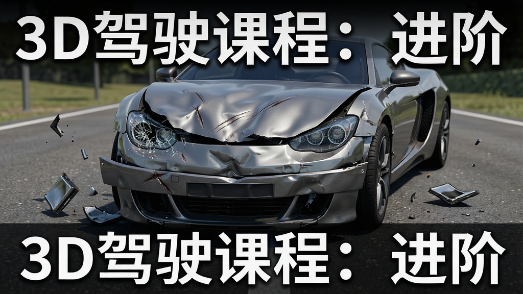 一张汽车模拟驾驶游戏中车辆碰撞损毁效果的展示图,画面主体是一辆跑车车头出现凹陷和划痕,布局上车身占据画面中央,排版突出损毁细节,风格为写实3D渲染,细节包括车灯碎裂、保险杠变形、路面碎片,画质高清,干净,无多余元素,画面中带文字